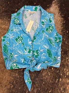 Copper Key Blue Green Floral Tie-Front Crop Top NWT | sm